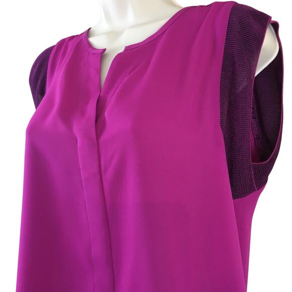 CAbi Campo Fuchsia Pink Split V Neck Popover Tunic Top Mesh Cap Sleeves - Picture 4 of 16